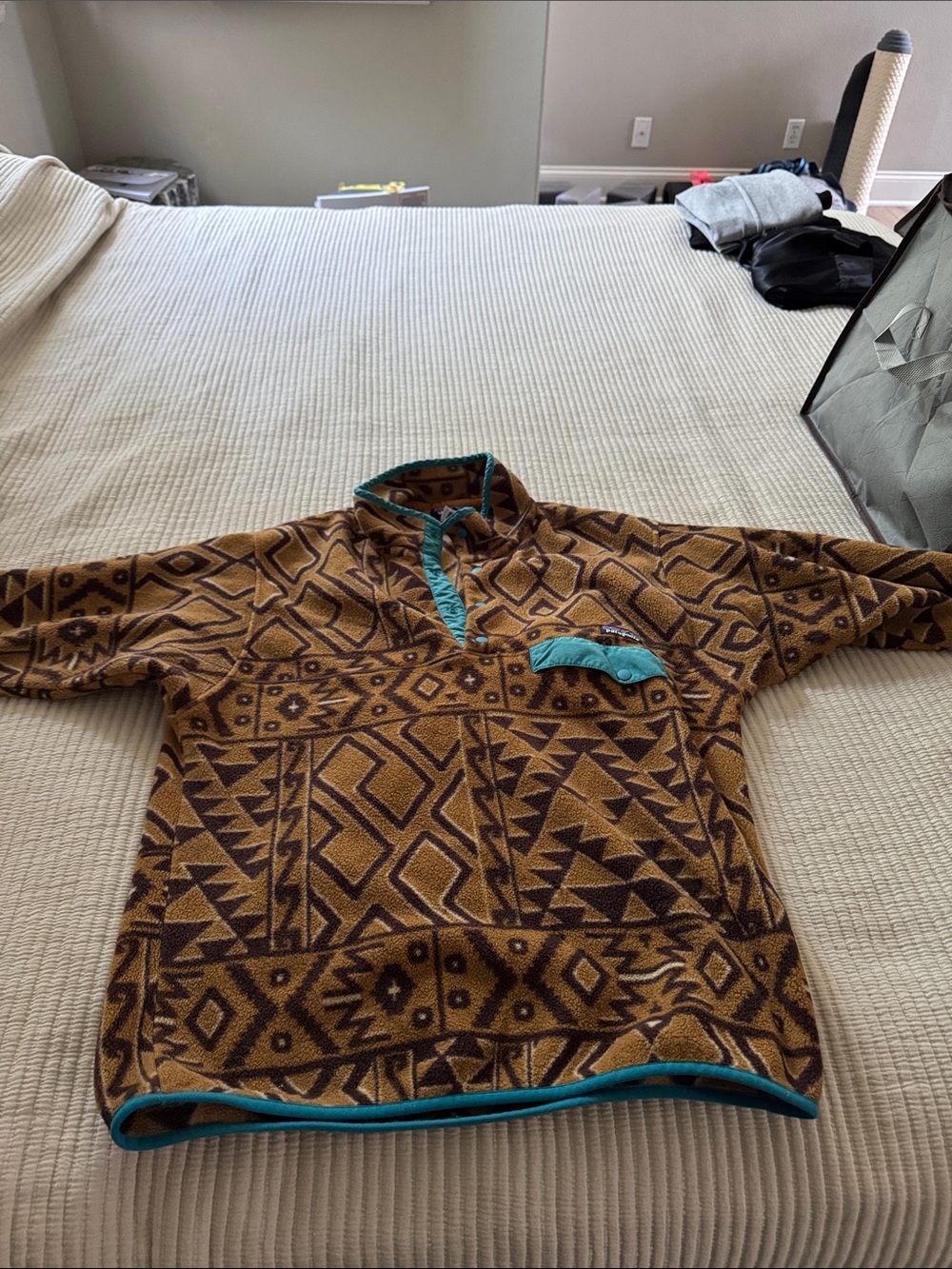 Patagonia Brown Aztec Fleece Snap-Up Pullover with Teal Trim